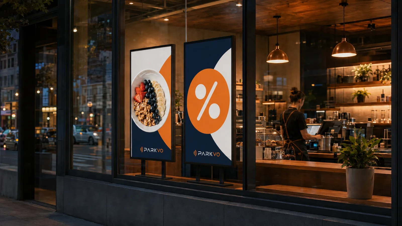 Digitale Schaufenster-Stelen mit Aktionswerbung und Prozent-Angebot im Ladenfenster.