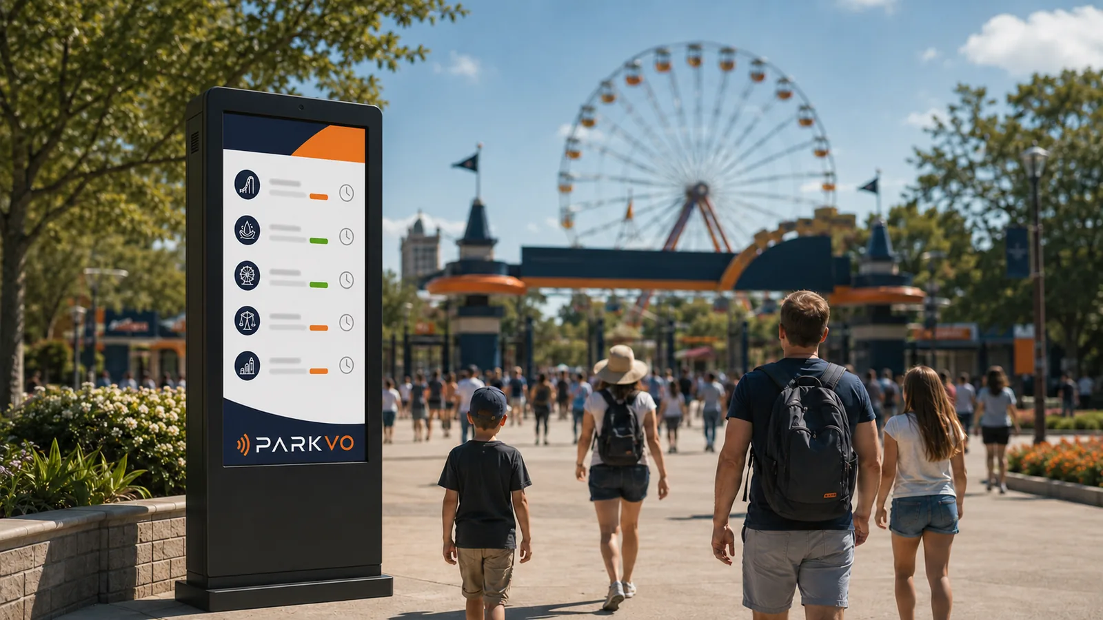Digitale Info-Stele am Eingang eines Freizeitparks mit Wartezeiten der Attraktionen.