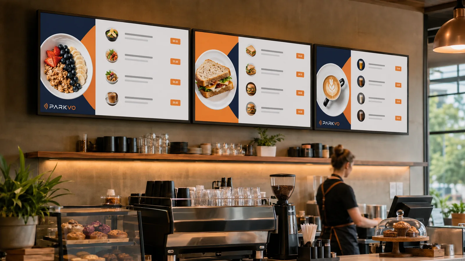 Digitale Menüboards über der Theke eines Cafés – Speisekarte und Preise zentral gepflegt.